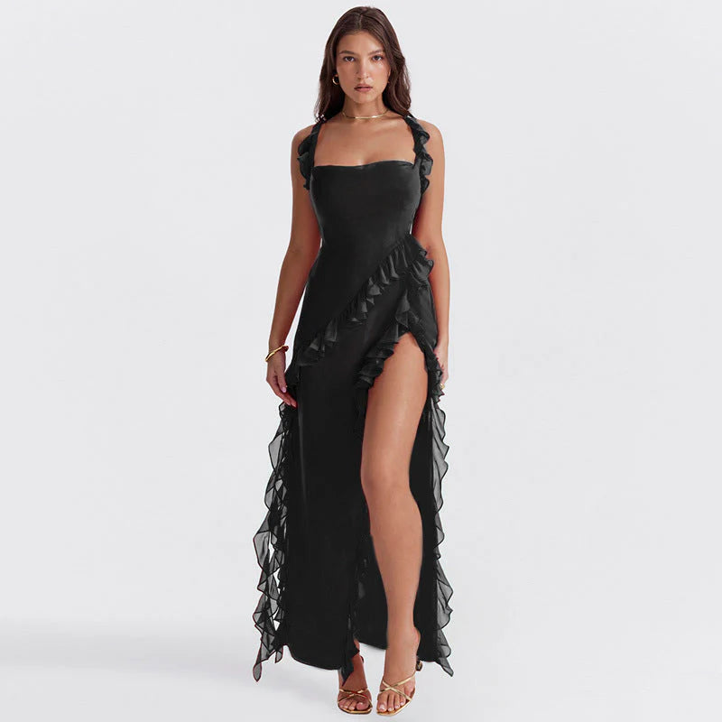 Adalgisa - Elegantissimo Vestito Lungo Giorgia con Volant e Sottile Apertura Nero