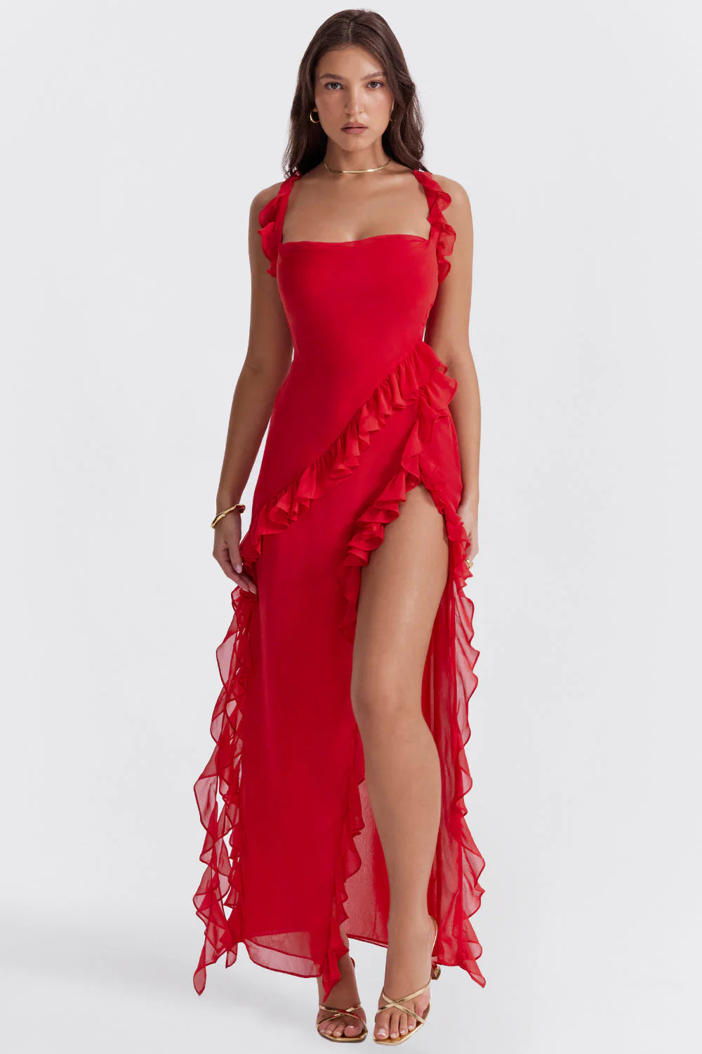 Adalgisa - Elegantissimo Vestito Lungo Giorgia con Volant e Sottile Apertura Rosso