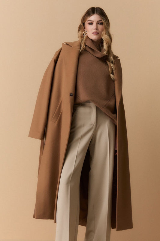 Adriana -  Cappotto doppiopetto lungo con cintura CAMMELLO