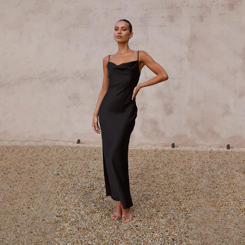 Agata - Abito lungo in raso Nero