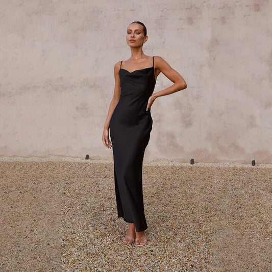 Agata - Abito lungo in raso Nero