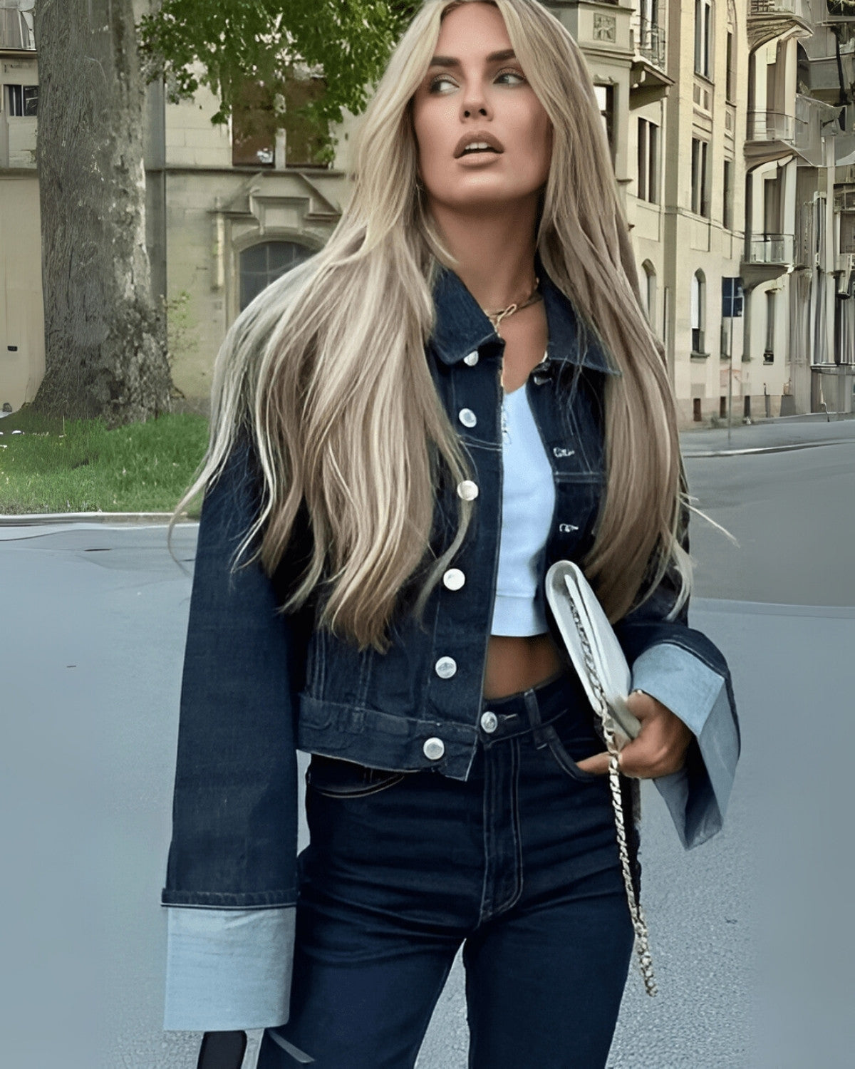 Alina - Completo due pezzi in denim elegante Blu scuro