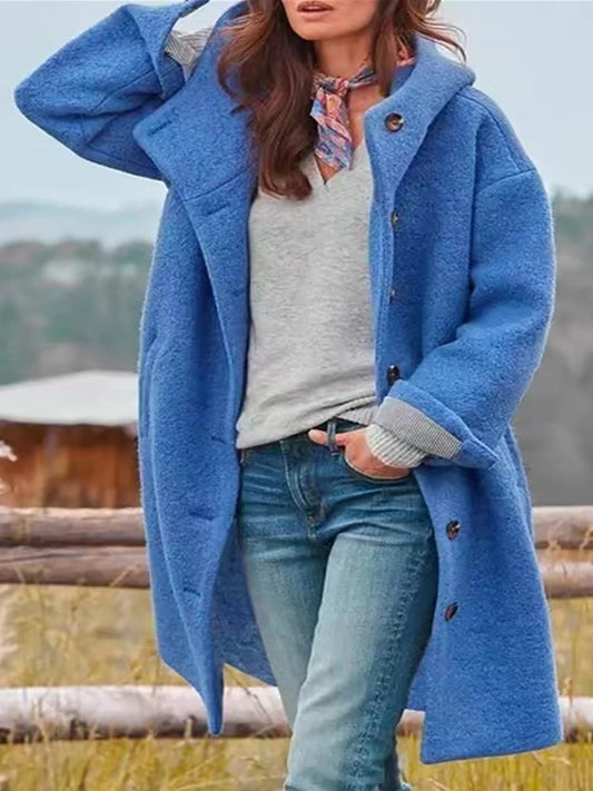 Anna – Cappotto Elegante Donna con Cappuccio Invernale Blu