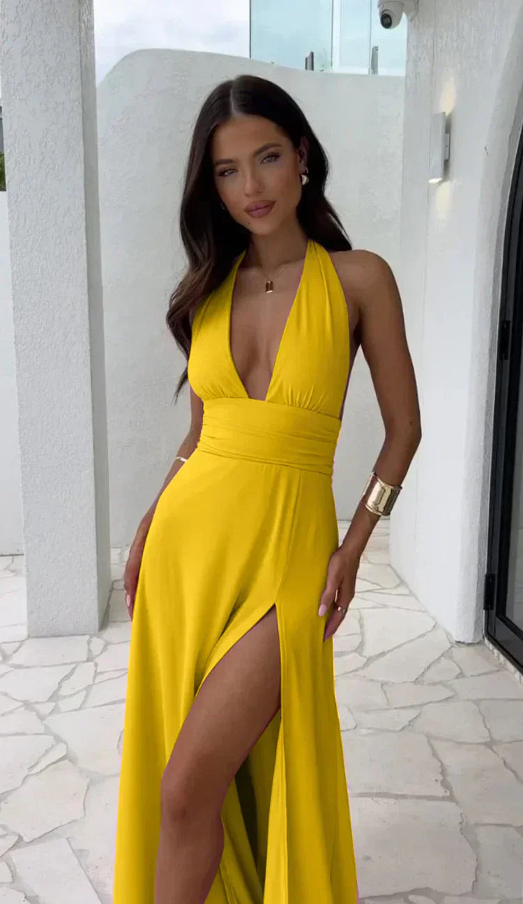 Annamaria - Abito con scollo a V e spacco Giallo