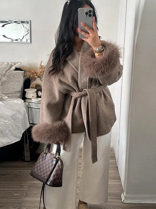 Antonia - Cappotto da donna in tweed con cintura e finto  Cachi