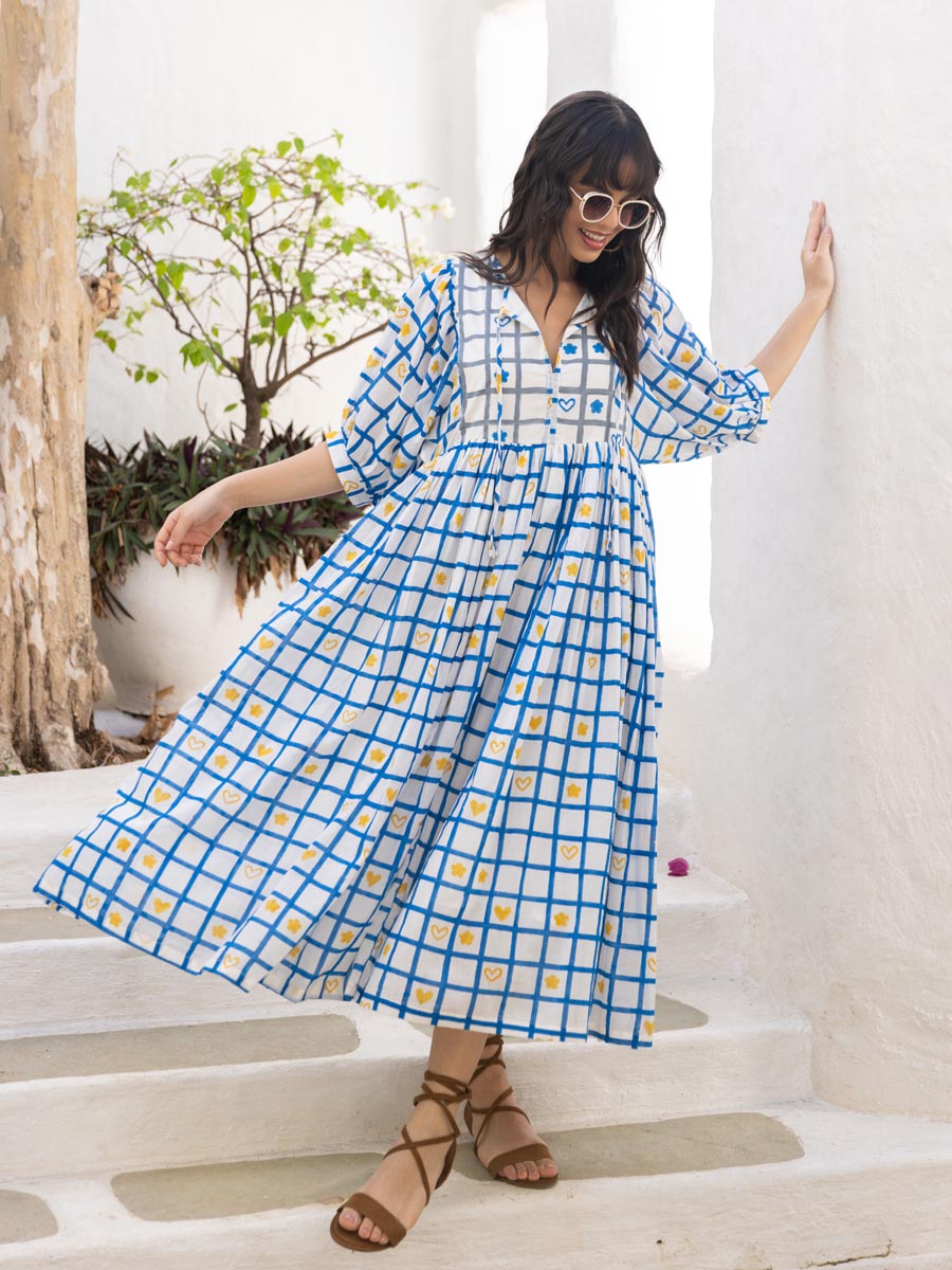 Evelina - Abito Maxi Donna in Cotone Stampato a Mano