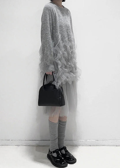 Seconda - Vestito grigio in tulle con volant donna