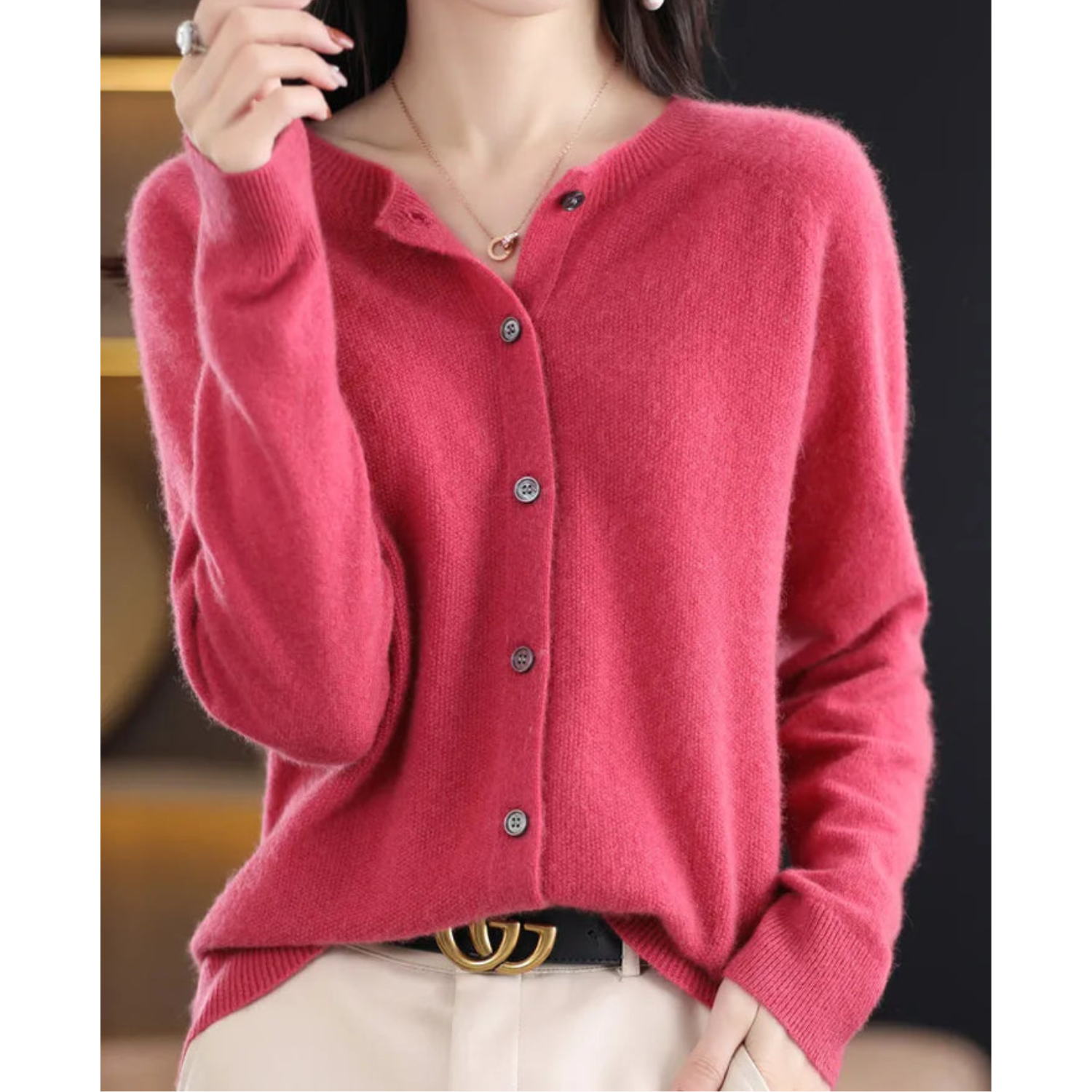 Aurelia - Cardigan girocollo in pura lana merino donna Rosa scuro