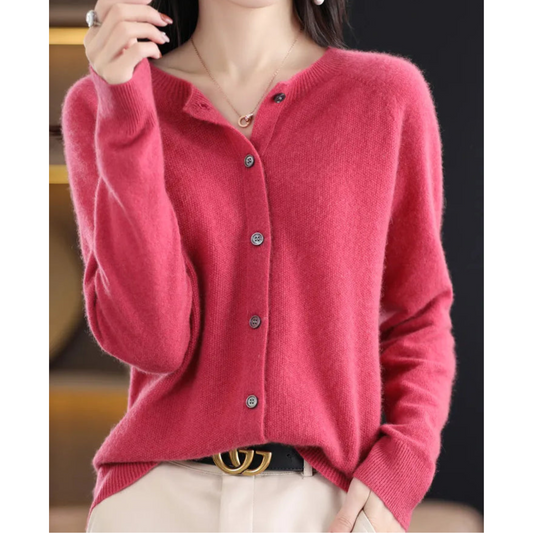 Aurelia - Cardigan girocollo in pura lana merino donna Rosa scuro