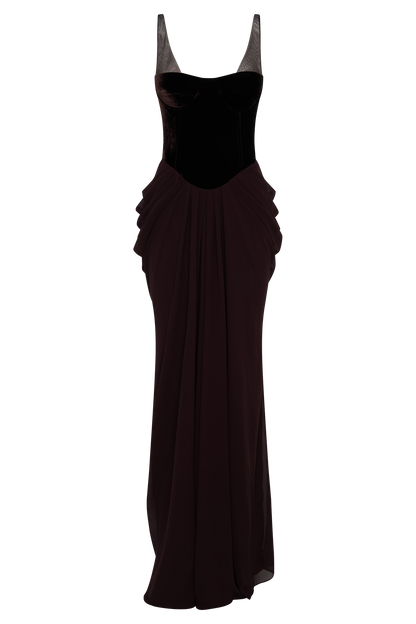 Menilda – Roxanne Abito Maxi con Corsetto in Velluto Cacao