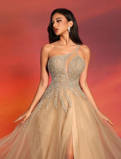 Greta - Abito Lungo Monospalla Paillettes Perline Tulle Donna