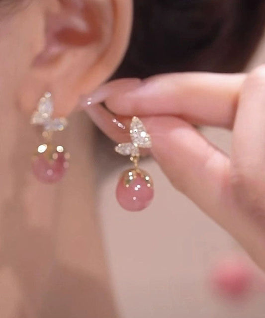 Monica - Orecchini Pendenti Farfalla Rosa Opale Dorato Donna