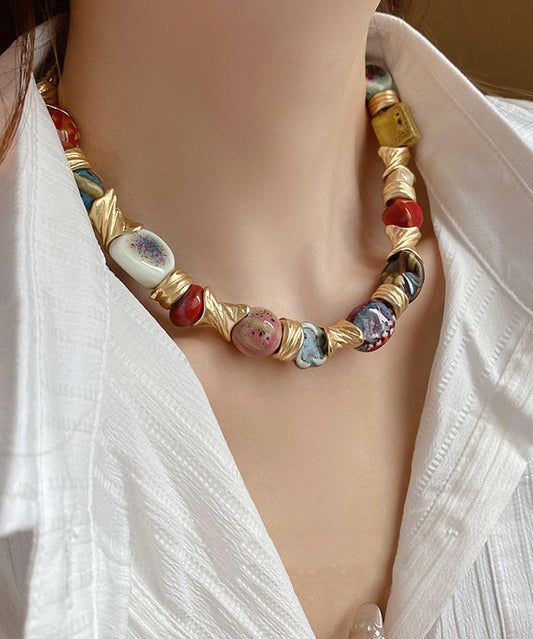 Mirella - Collana Collar Perline Arcobaleno Dorata Donna