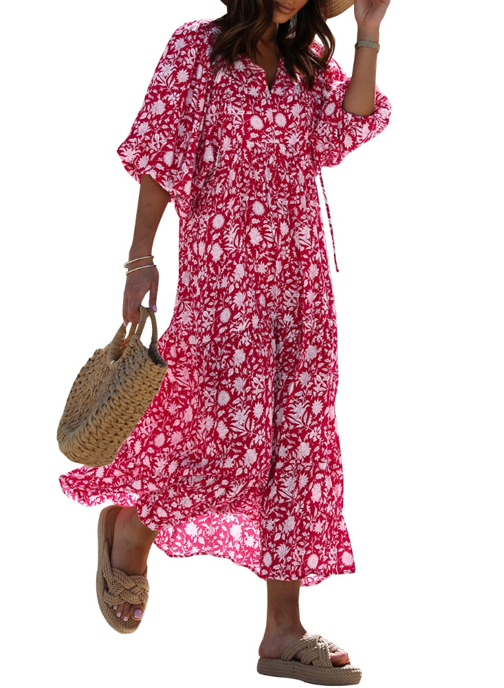 Bianca – Vestito Maxi Con Scollo A V E Fantasia Geometrica Fluida