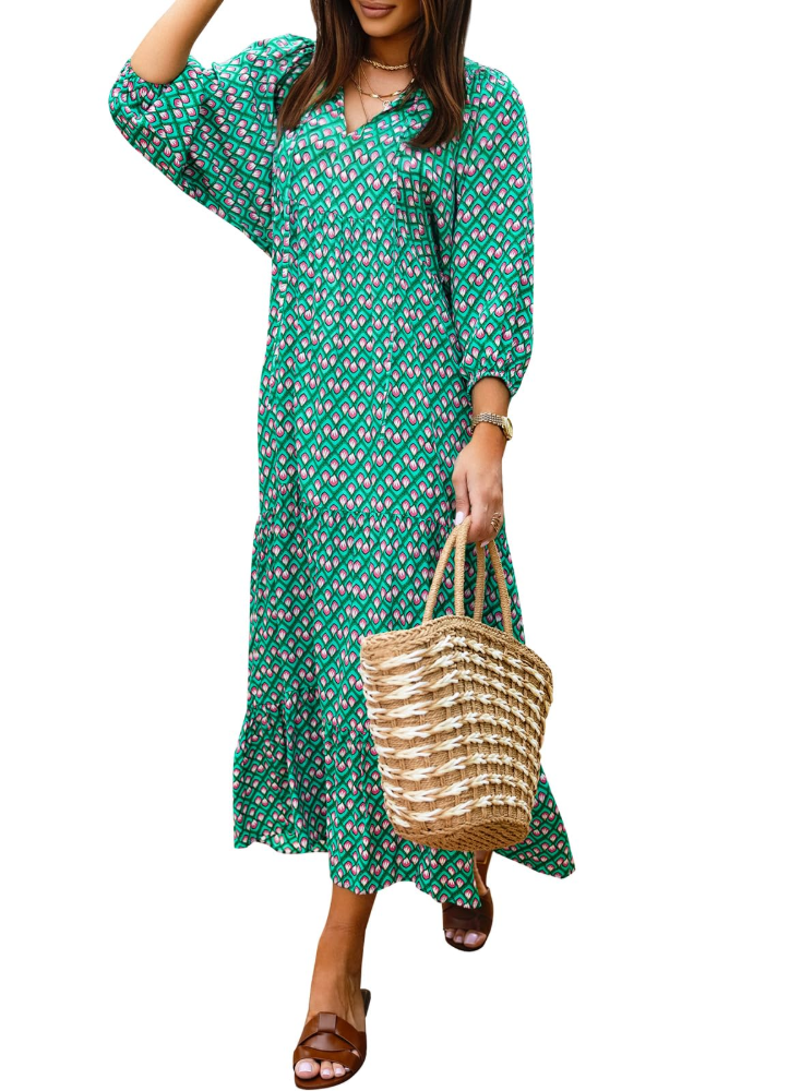 Bianca – Vestito Maxi Con Scollo A V E Fantasia Geometrica Fluida
