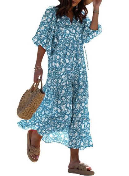 Bianca – Vestito Maxi Con Scollo A V E Fantasia Geometrica Fluida
