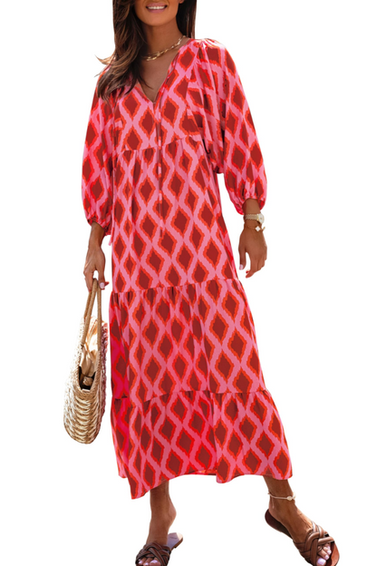 Bianca – Vestito Maxi Con Scollo A V E Fantasia Geometrica Fluida