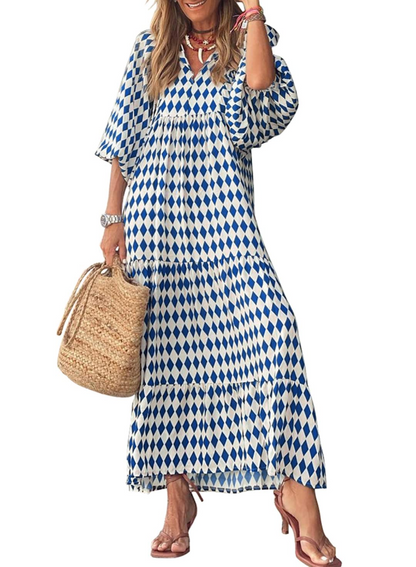 Bianca – Vestito Maxi Con Scollo A V E Fantasia Geometrica Fluida