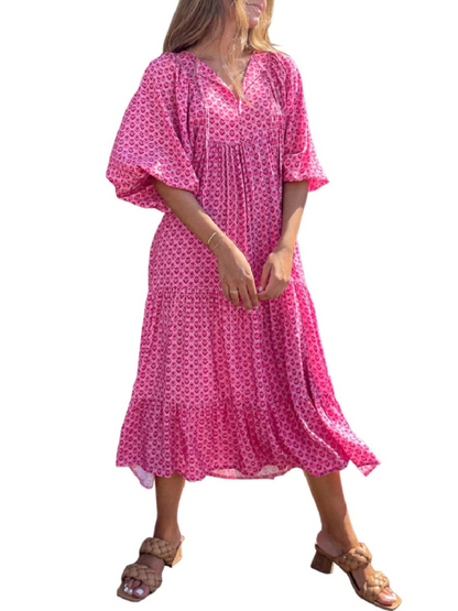 Bianca – Vestito Maxi Con Scollo A V E Fantasia Geometrica Fluida