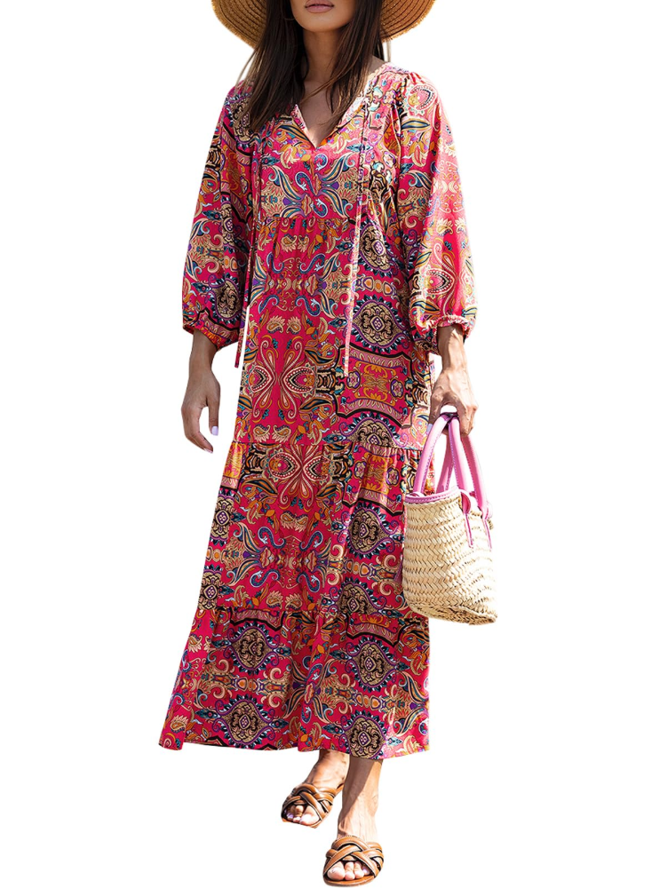Bianca – Vestito Maxi Con Scollo A V E Fantasia Geometrica Fluida