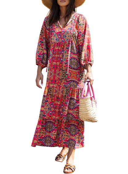 Bianca – Vestito Maxi Con Scollo A V E Fantasia Geometrica Fluida