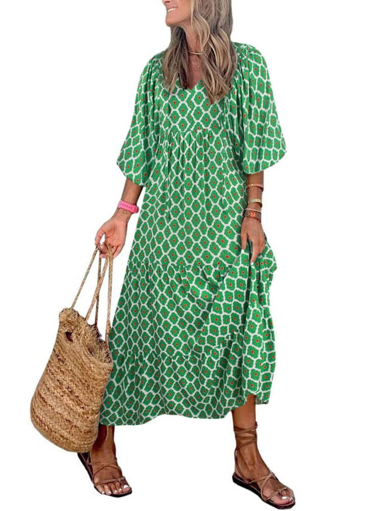 Bianca – Vestito Maxi Con Scollo A V E Fantasia Geometrica Fluida