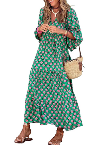Bianca – Vestito Maxi Con Scollo A V E Fantasia Geometrica Fluida