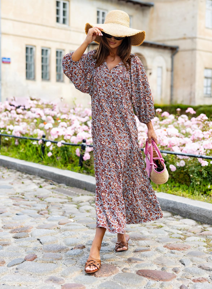 Bianca – Vestito Maxi Con Scollo A V E Fantasia Geometrica Fluida