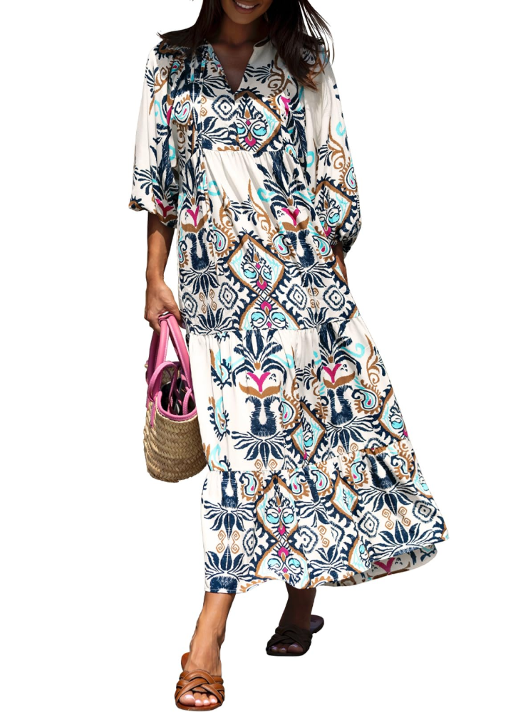 Bianca – Vestito Maxi Con Scollo A V E Fantasia Geometrica Fluida