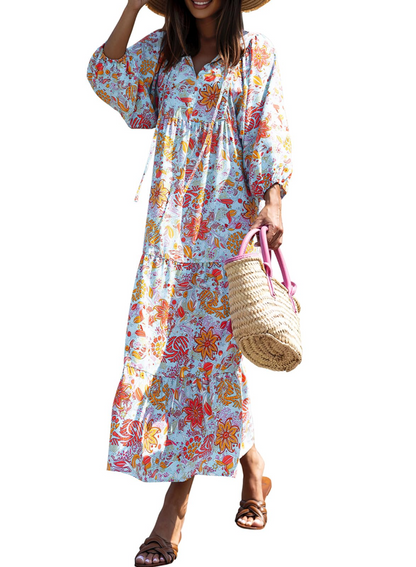 Bianca – Vestito Maxi Con Scollo A V E Fantasia Geometrica Fluida