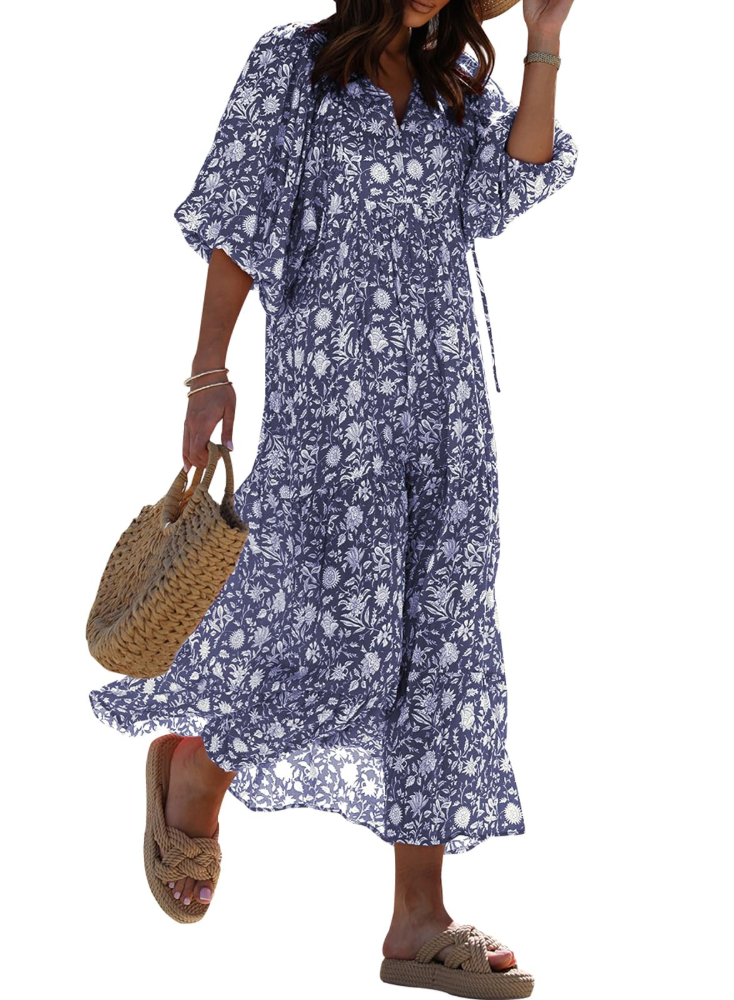 Bianca – Vestito Maxi Con Scollo A V E Fantasia Geometrica Fluida