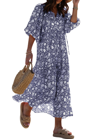 Bianca – Vestito Maxi Con Scollo A V E Fantasia Geometrica Fluida