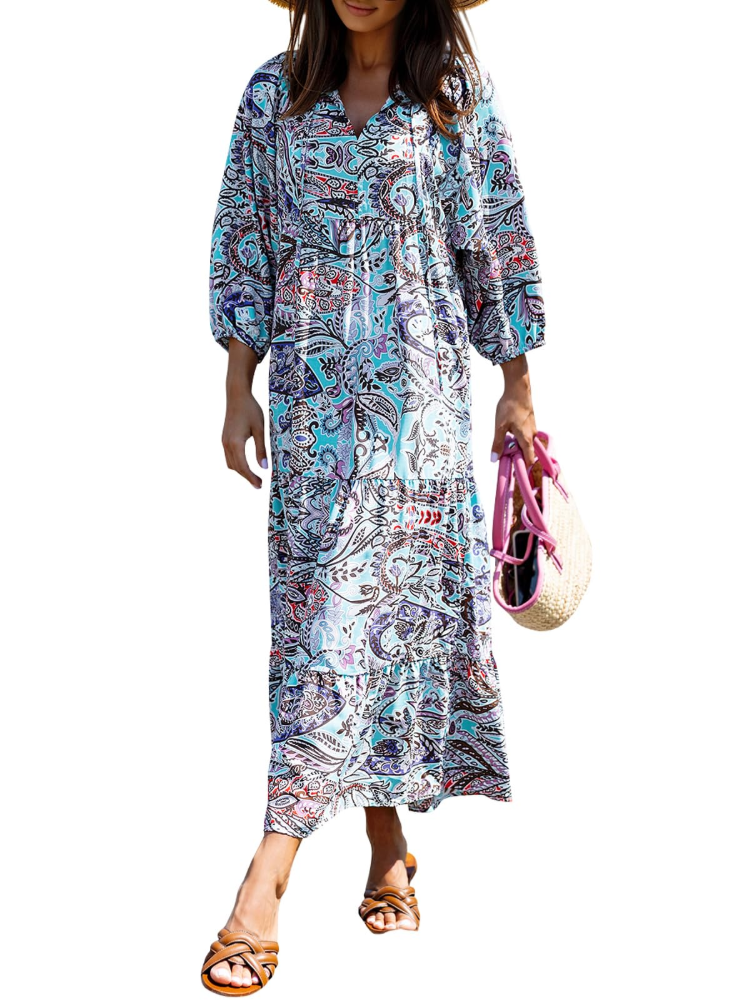 Bianca – Vestito Maxi Con Scollo A V E Fantasia Geometrica Fluida