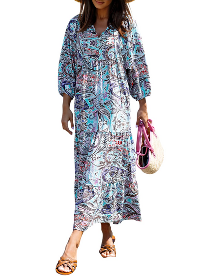 Bianca – Vestito Maxi Con Scollo A V E Fantasia Geometrica Fluida