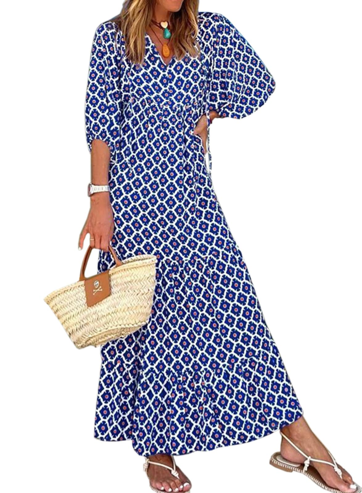 Bianca – Vestito Maxi Con Scollo A V E Fantasia Geometrica Fluida
