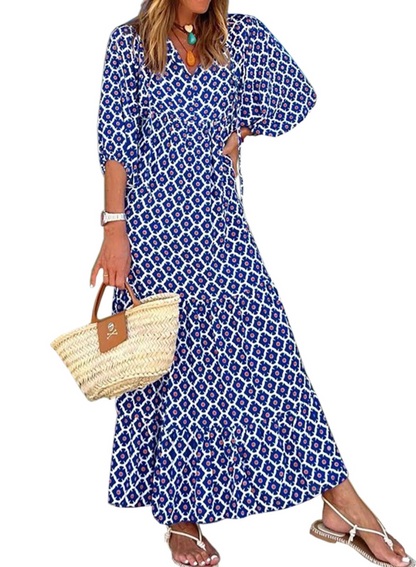Bianca – Vestito Maxi Con Scollo A V E Fantasia Geometrica Fluida