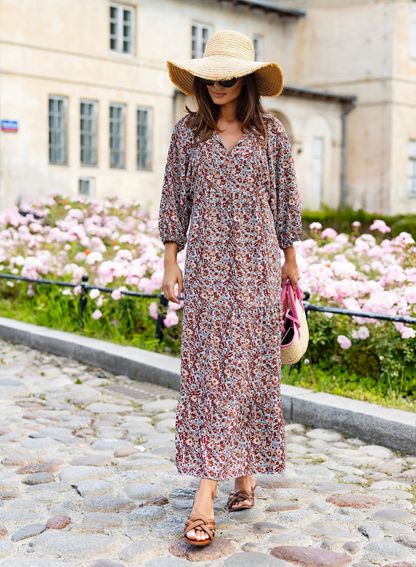 Bianca – Vestito Maxi Con Scollo A V E Fantasia Geometrica Fluida