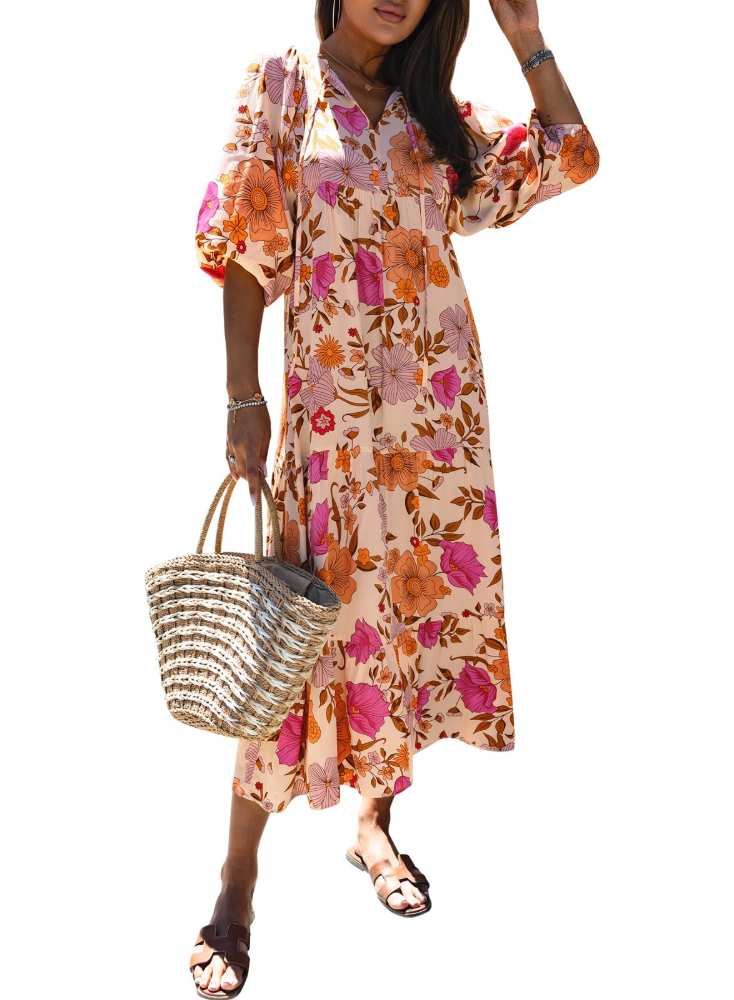 Bianca – Vestito Maxi Con Scollo A V E Fantasia Geometrica Fluida
