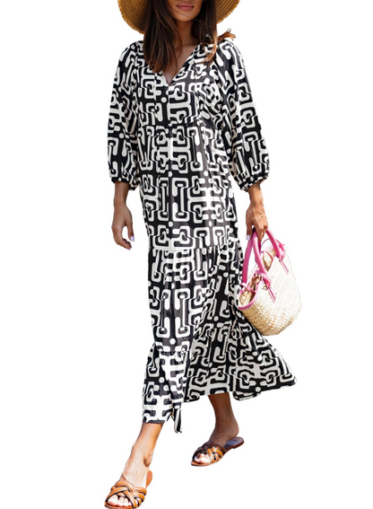 Bianca – Vestito Maxi Con Scollo A V E Fantasia Geometrica Fluida