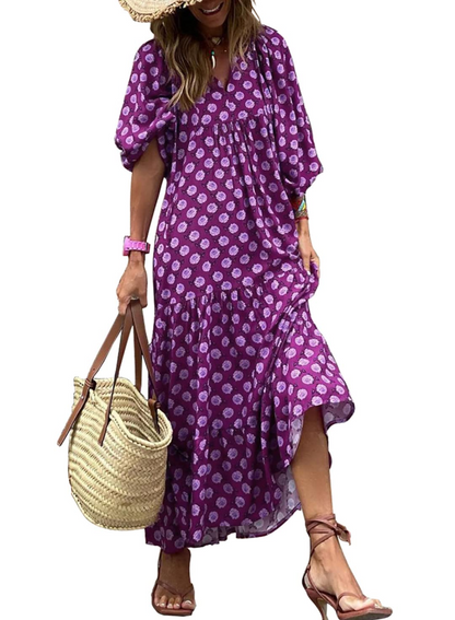 Bianca – Vestito Maxi Con Scollo A V E Fantasia Geometrica Fluida