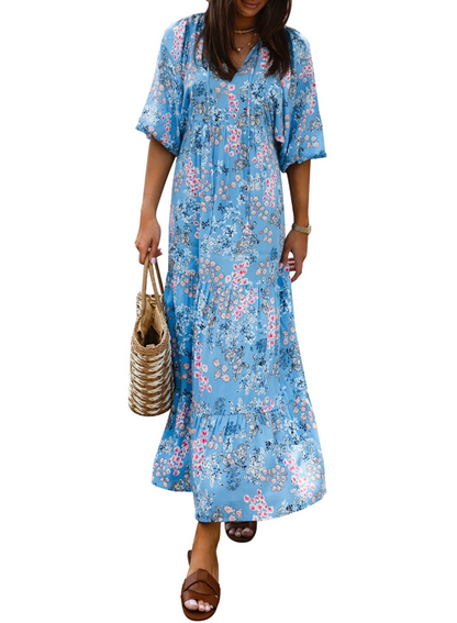 Bianca – Vestito Maxi Con Scollo A V E Fantasia Geometrica Fluida