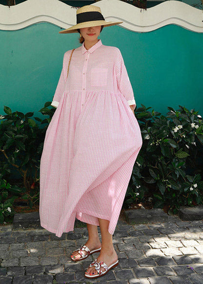 Zelia - Abito Lungo Rosa Boho Colletto Peter Pan