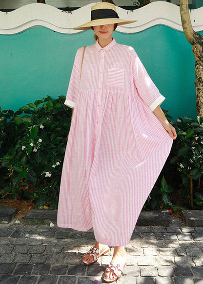 Zelia - Abito Lungo Rosa Boho Colletto Peter Pan