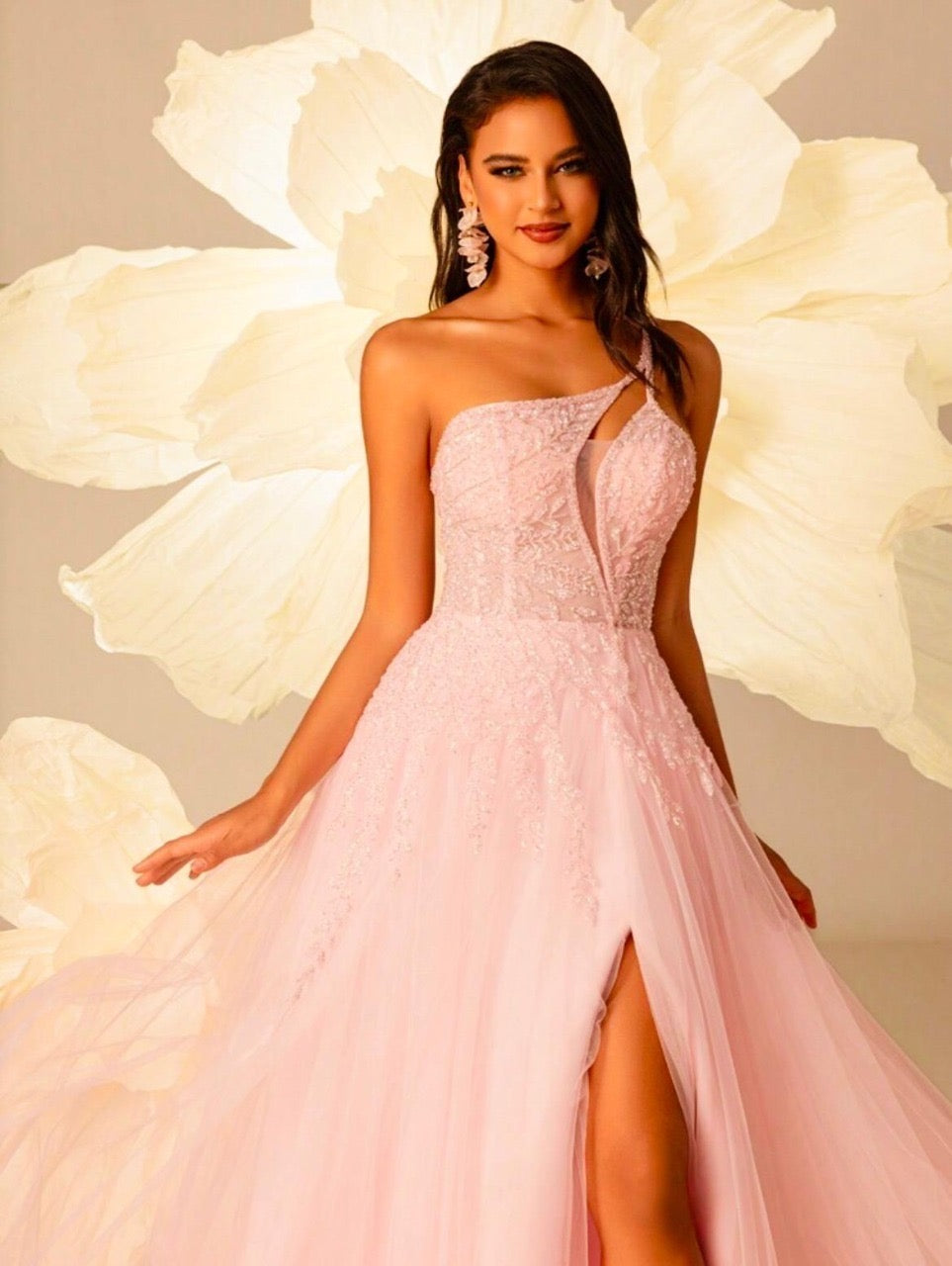 Greta - Abito Lungo Monospalla Paillettes Perline Tulle Donna