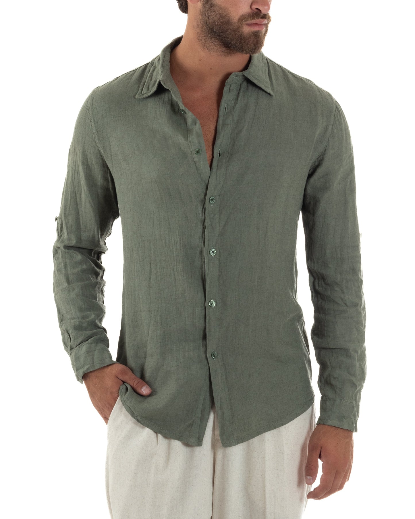 Renatello - Camicia Uomo Verde Collo Francese Slim Fit