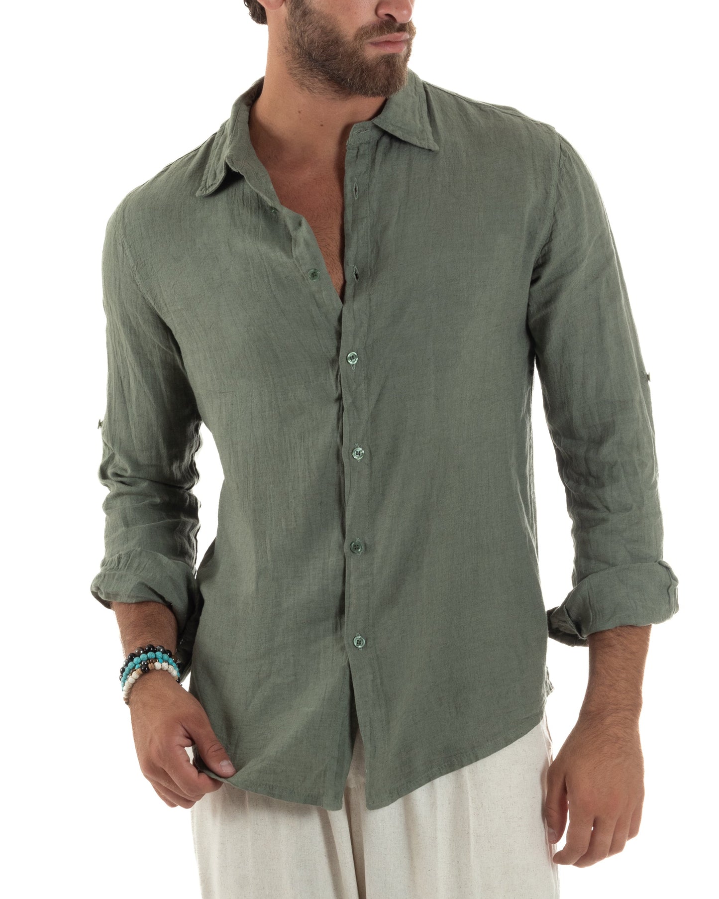 Renatello - Camicia Uomo Verde Collo Francese Slim Fit