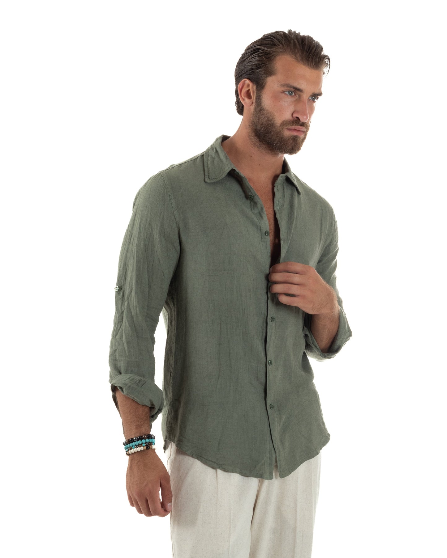Renatello - Camicia Uomo Verde Collo Francese Slim Fit