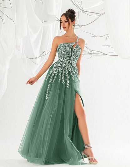 Greta - Abito Lungo Monospalla Paillettes Perline Tulle Donna
