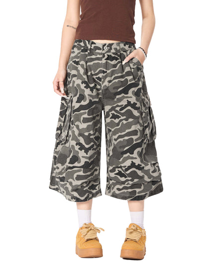 Pura - Pantaloni Cargo Capri Camouflage Ruched Donna Moderni