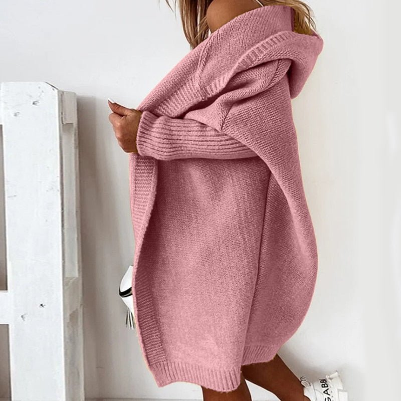Gilberta - Cardigan lungo da donna con cappuccio e maniche ampie